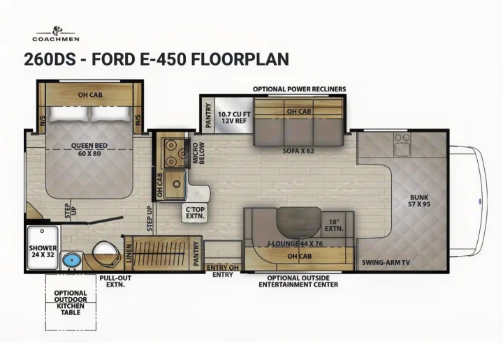 Coachmen 260DS Ford E-450 RV rental floorplan, detailing queen bed, bunk, shower, kitchen, and living areas for trips.. Forest River Coachmen Leprechaun Premier 2022