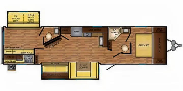 An RV rental floor plan. This spacious layout includes a queen bed, bunk beds, kitchen, bath, dinette, and sofa areas.. Crossroads RV Zinger 2019