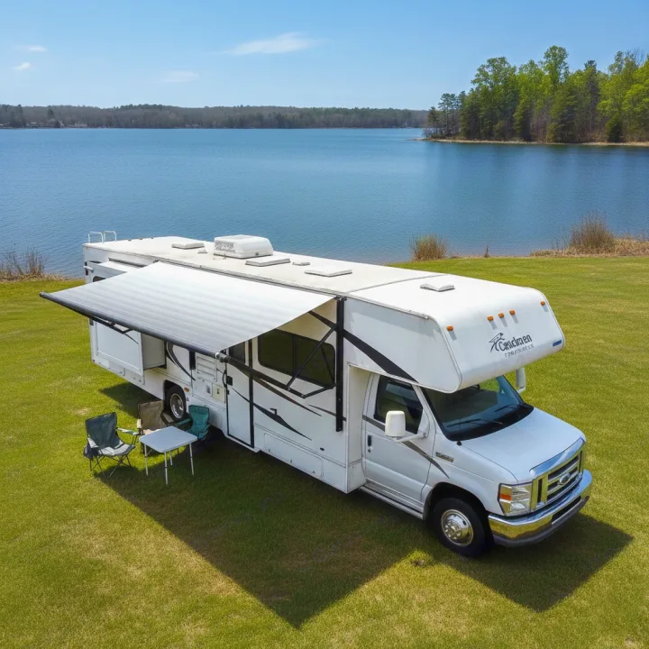 Enjoy nature with this rv rental! A white motorhome with its awning extended sits on green grass by a blue lake, chairs and table ready.. Coachmen Freelander 2011