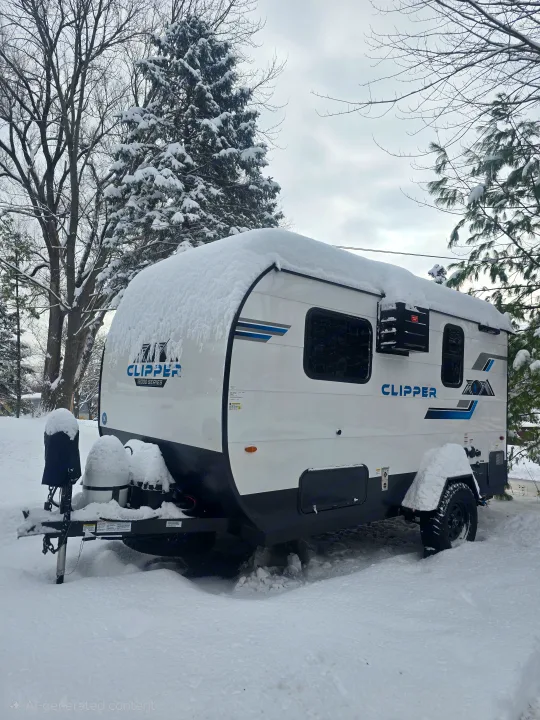 A white Clipper travel trailer, an RV rental, heavily covered in fresh snow, parked in a wintry landscape with bare and evergreen trees.. Clipper 3K 2025