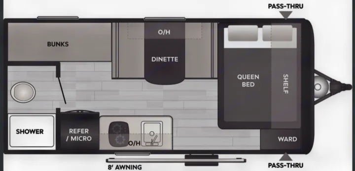 This RV rental floor plan displays bunks, queen bed, dinette, kitchen, and full bath with shower, ideal for family trips.. Keystone RV Coleman 2025