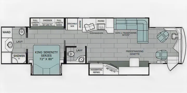 RV rental motorhome floor plan: king bed, two lavatories, full kitchen, living area, and dinette layout.. Holiday Rambler Endeavor 2018