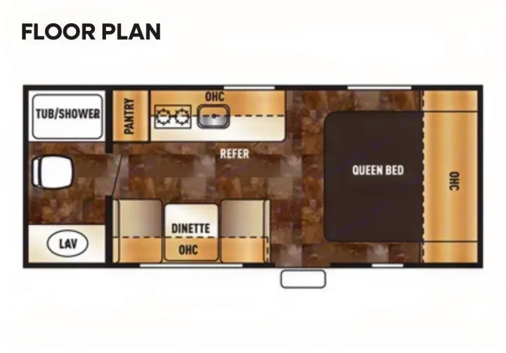 Explore this RV rental's floor plan: queen bed, kitchen, dinette, & bath with tub/shower and lavatory.. Forest River Cherokee Wolf Pup 2016
