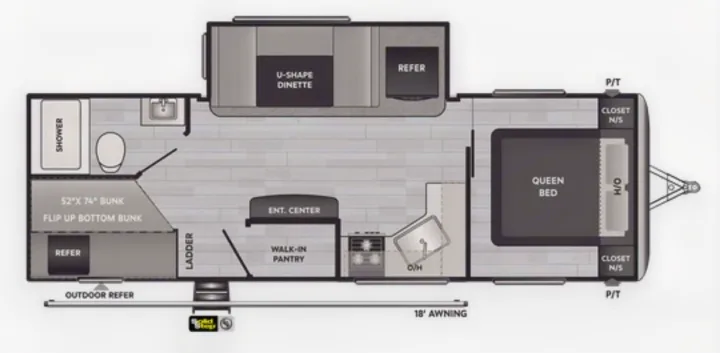RV rental floor plan featuring a queen bed, U-shaped dinette, bunks (52"x 74"), kitchen, and full bathroom layout.. Keystone RV Springdale 2022