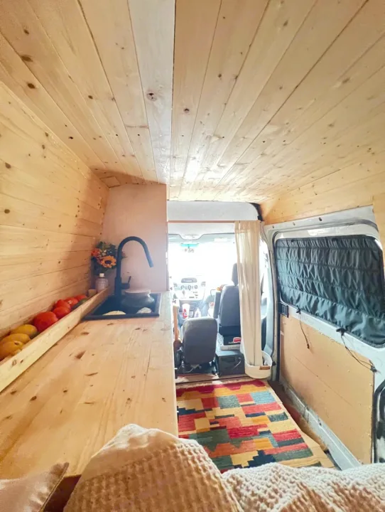 Cozy RV rental interior: wood-paneled camper van with kitchen counter, sink, colorful rug, and front cab view.. Dodge Sprinter Van 2006