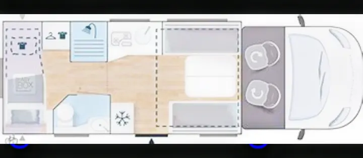 Detailed rv rental floor plan: a campervan interior showing driver's cab, rear beds, kitchen, and bathroom layout.. Chausson 720 VIP Titanium 2021