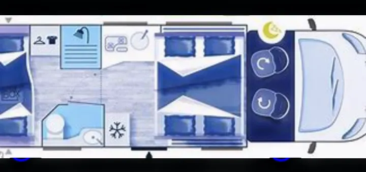 Detailed RV rental floor plan: cab, large central bed, rear kitchen, bath, and convertible dining/sleeping area.. Chausson 720 VIP Titanium 2021