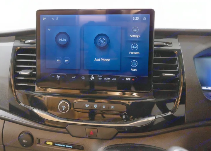 RV rental dashboard: Modern infotainment system displays radio, phone, apps, and climate controls for a user-friendly experience.. Auto-Trail F74 2025