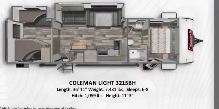 Coleman Light 3215BH travel trailer floor plan for rv rental. Shows 6-8 sleep capacity, kitchen, bath, and bunk beds.. Dutchmen Coleman Light 2023