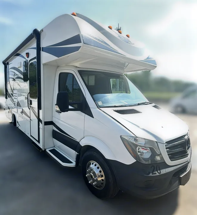 White Jayco Melbourne Class C RV rental, built on a Mercedes-Benz chassis, parked and ready for your next road trip.. Jayco Melbourne 2019