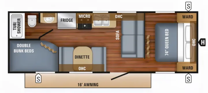 RV rental floor plan showing a layout with a queen bed, double bunk beds, kitchen, bath, dinette, sofa, and 16' awning.. Jayco Jay Flight SLX 2018