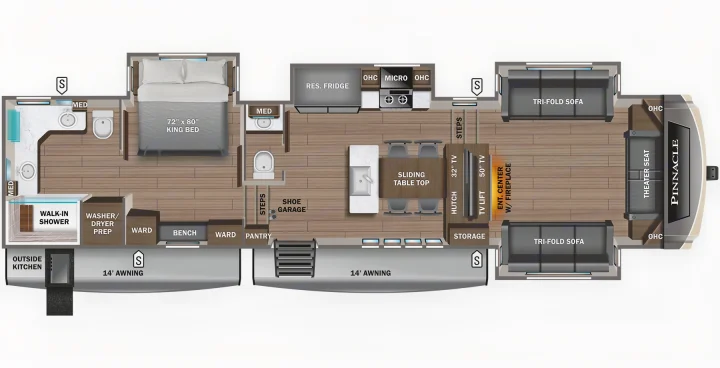 This RV rental floor plan displays a spacious interior with a king bed, walk-in shower, full kitchen, dining, and living area with sofas and theater seat.. Jayco Pinnacle 2023