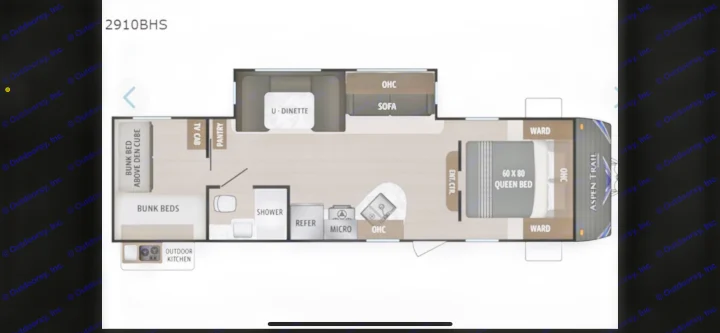 Detailed rv rental floor plan: 2910BHS travel trailer layout with queen bed, bunk beds, U-dinette, kitchen, and outdoor kitchen.. Dutchmen Aspen Trail 2019