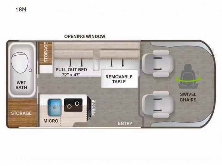RV rental 18M floor plan: compact layout features wet bath, pull-out bed, kitchenette, storage, and swivel chairs.. Thor Scope 2024