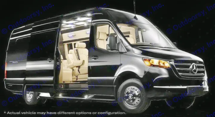 Luxury black Mercedes-Benz Sprinter van, side door open to a cream luxury interior, highlighted by lighting. Ideal for an RV rental.. Ultimate Toys Ultimate Coach 2024