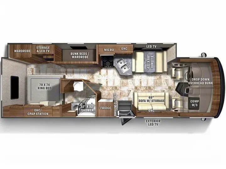Explore this RV rental's spacious interior layout: king bed, bunks, dinette, sofa, and full kitchen for comfortable motorhome travel.. Coachmen PURSUIT 31BH 2023