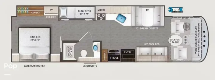 This RV rental floor plan shows a spacious interior with a king bed, bunk beds, bathroom, kitchen, dinette, and sofa bed.. Thor Hurricane 2017