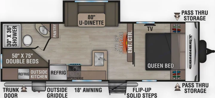 RV rental floor plan: Spacious travel trailer with queen & double beds, U-dinette, full kitchen, bath, and outdoor living.. KZ Connect SE 2025