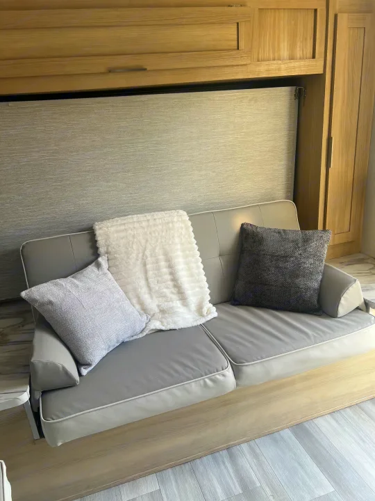 RV rental: Gray couch with decorative pillows & a white blanket. Above are light wood cabinets; below, wood-look flooring.. Forest River Salem FSX 2023