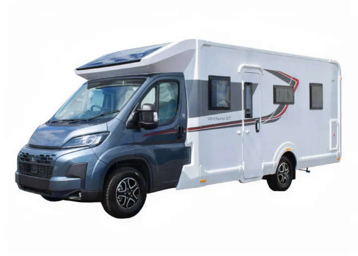 White & grey Whirlwind GT motorhome, ideal for RV rental. Modern design with solar panel on roof & multiple windows.. Elddis Whirlwind GT 155 2026