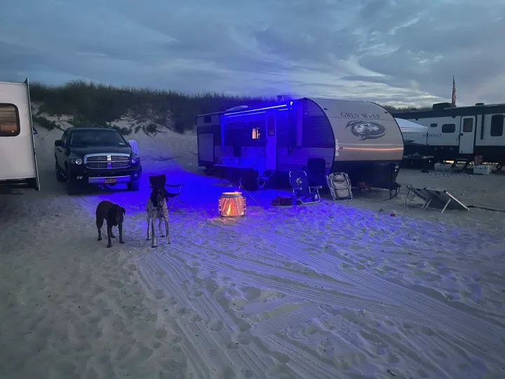 RV rental beach camping at dusk. Blue lights highlight the scene with a truck, two dogs, and a warm fire pit on the sand.. Forest River Cherokee Grey Wolf 2019