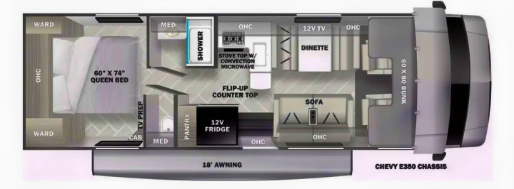 RV rental floor plan: Queen bed, full bath, kitchen, dinette, sofa, cab bunk, 18' awning on Chevy E350 chassis.. Forest River Sunseeker LE 2025