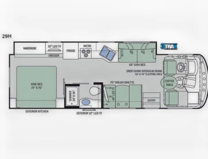 RV rental 29M floor plan: features king bed, drop-down bunk, sofa bed, dinette, kitchen, and bathroom layout for comfortable travel.. Thor Hurricane 2018