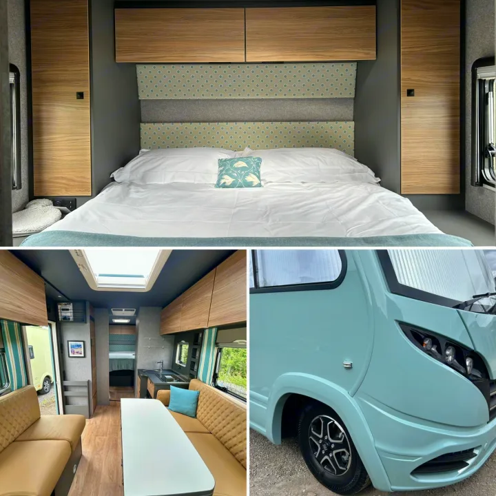 This rv rental offers a cozy bedroom, spacious living area with tan sofas, and a stylish mint green exterior campervan design.. GlamperRV DBL 2025
