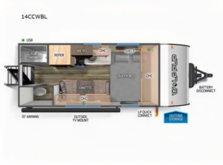Floor plan of a 14CCWBL Wolf Pup RV rental, showing queen bed, dinette, kitchen, bath, and outdoor features.. Forest River Cherokee Wolf Pup 2023