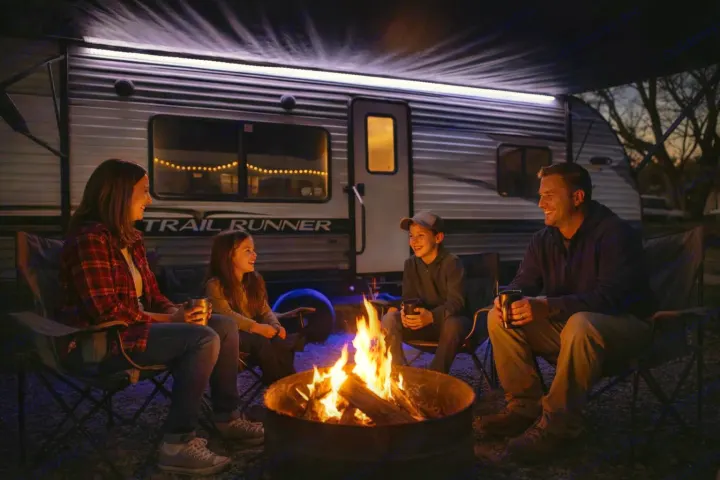 A family enjoys a cozy campfire night in front of their RV rental, illuminated by awning and string lights.. Heartland RVs Trail Runner 2022