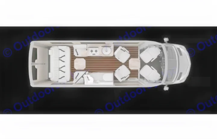 This rv rental interior, viewed from above, reveals a full floor plan: cockpit, living area with tables, kitchen, bathroom, and rear lounge/bed.. Airstream Interstate 24GL E1 2025
