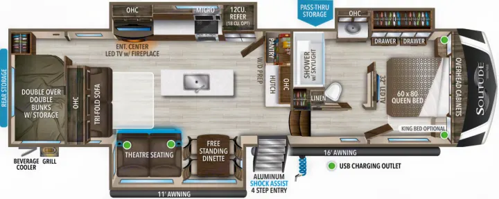 Spacious rv rental floor plan with bunk beds, kitchen, bath, theatre seating, dinette, and queen bedroom.. Grand Design Solitude 2021