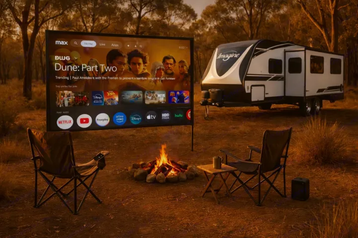 RV rental adventure: Enjoy a campfire and outdoor movie night with a big screen showing "Dune: Part Two" and streaming apps.. Grand Design Imagine 2023