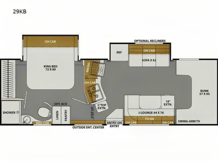 Explore this 29KB RV rental floor plan: king bed, kitchen, bath, lounge, bunks, and ample storage for comfortable travel.. Coachmen Freelander 2023