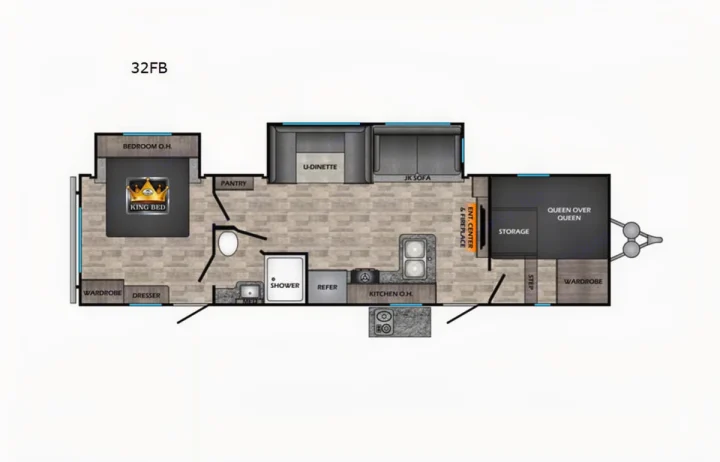 RV rental floor plan: 32FB model showing king bed, queen-over-queen bunks, kitchen, dinette, and bathroom.. Crossroads RV Volante 2023
