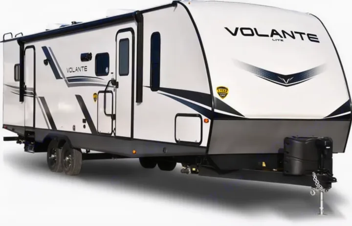 This Volante Lite travel trailer is perfect for your next RV rental adventure. A white recreational vehicle for camping trips.. Crossroads RV Volante 2023