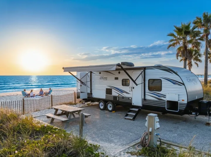 Relax with an RV rental! A travel trailer on a beachfront campsite at sunset, with friends enjoying the ocean and palm trees.. Forest River Salem Cruise Lite 2019