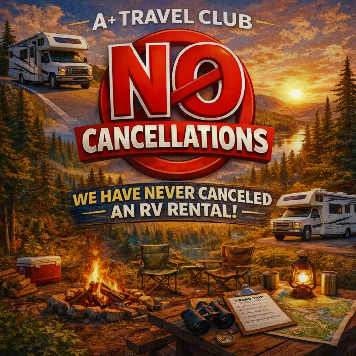 A+ Travel Club promotes reliable RV rental: 'Never Canceled!' The image shows RVs, camping gear, and a scenic outdoor setting.. Keystone RV Raptor Toy Hauler 2012