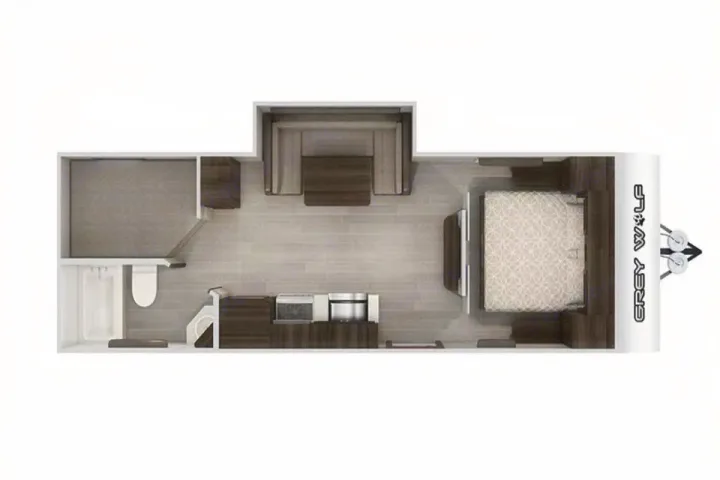 RV rental floor plan: Top-down view of a travel trailer interior, showing kitchen, bath, dinette, and master bedroom.. Forest River Cherokee Grey Wolf 2020