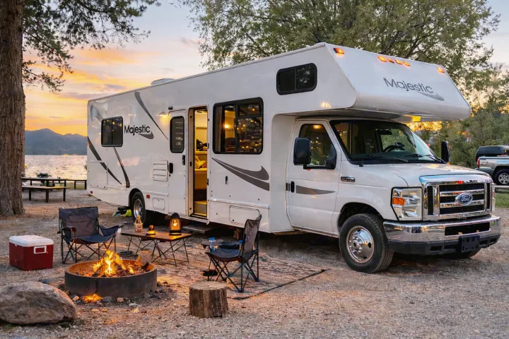 Majestic RV rental parked lakeside at sunset, with a glowing campfire, chairs, and lantern set for a perfect outdoor evening.. Four Winds Majestic 2011