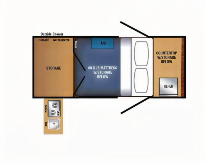 Detailed rv rental floor plan: bed, storage, AC, outdoor kitchen with griddle & sink, plus refer and outside shower.. Braxton Creek Bushwhacker 2024
