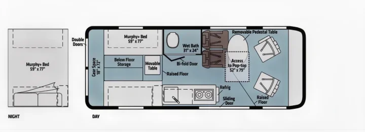 RV rental floor plan, showing day and night layouts with a Murphy bed, wet bath, gear space, and living area.. Winnebago Solis 2022