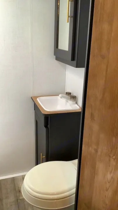 Inside an RV rental bathroom: a compact sink with a dark vanity, medicine cabinet, and toilet. Clean, modern design.. Keystone RV Springdale 2023