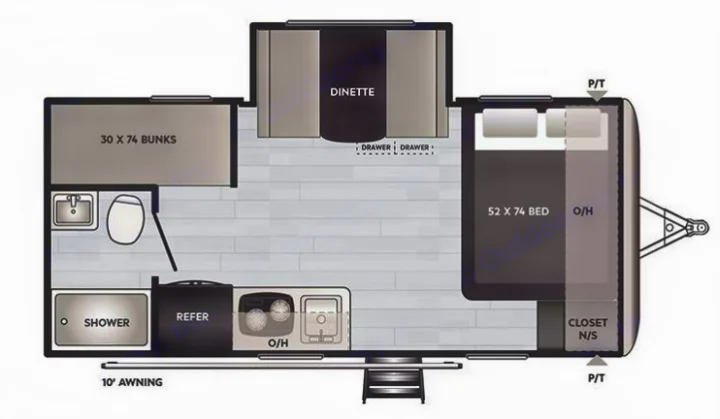 RV rental floor plan: Travel trailer layout featuring a 52x74 bed, 30x74 bunks, dinette, kitchen, and bathroom.. Keystone RV Springdale 2023