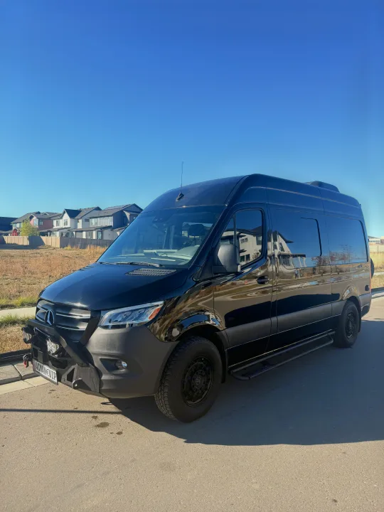Black, customized Mercedes-Benz Sprinter van, perfect for your next rv rental adventure or road trip.. Mercedez Benz Sprinter 2023