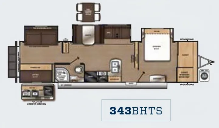RV rental floorplan (343BHTS) shows interior layout with master bedroom, bunks, kitchen, and living area.. Coachmen Catalina 2022