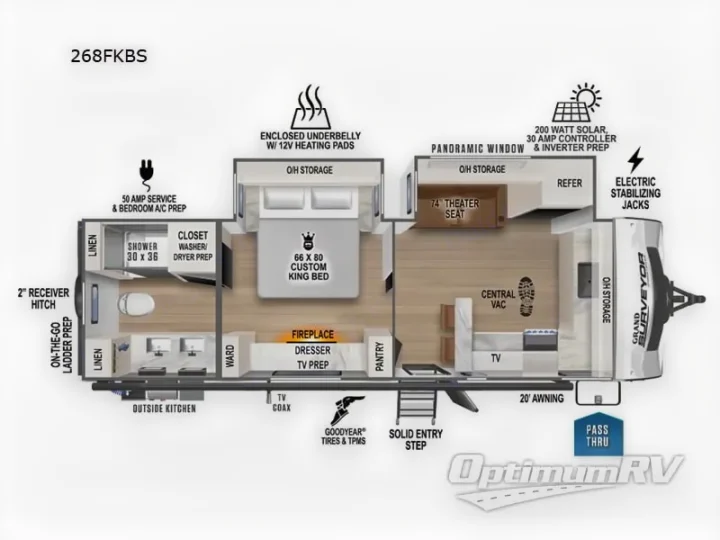 268FKBS RV rental floor plan: Spacious layout with king bed, theater seats, outdoor kitchen, and solar prep for comfort.. Forest River Surveyor Land Surveyor 2024