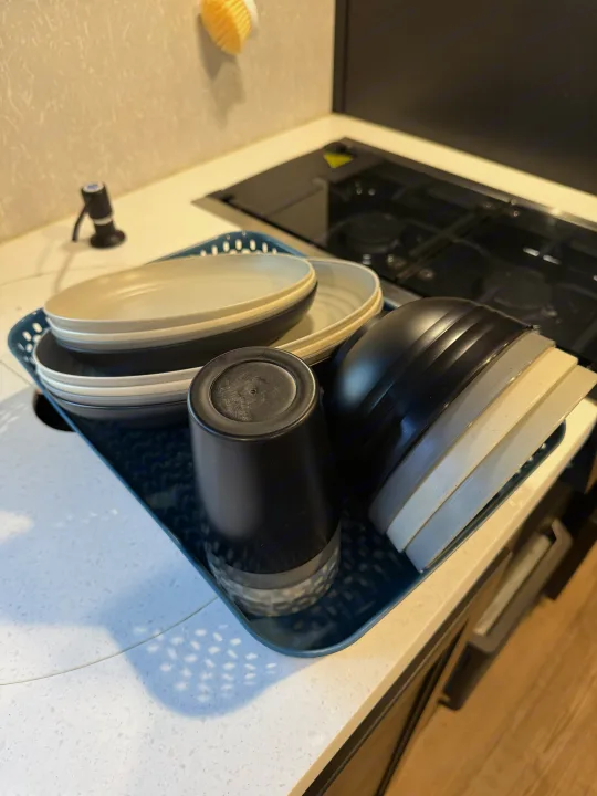 RV rental kitchen: Black, grey, & cream dishes drying on a blue rack on the compact counter by the stove.. Forest River Cherokee Wolf Pup Black Label 2021