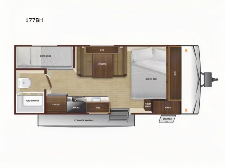 This 177BH RV rental travel trailer floor plan shows the interior layout with a queen bed, bunks, dinette, kitchen, and bathroom.. Starcraft Autumn Ridge 2026