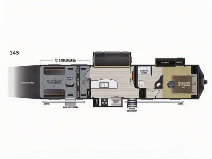 This RV rental floor plan showcases a toy hauler with a 12' garage, living space, full bath, and private master bedroom.. Keystone Fuzion 2016
